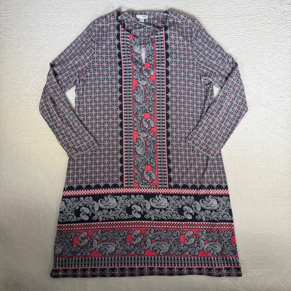 J. Jill Womens Paisley Geometric Split Neck‎ Tunic Dress Red Black Petite Large